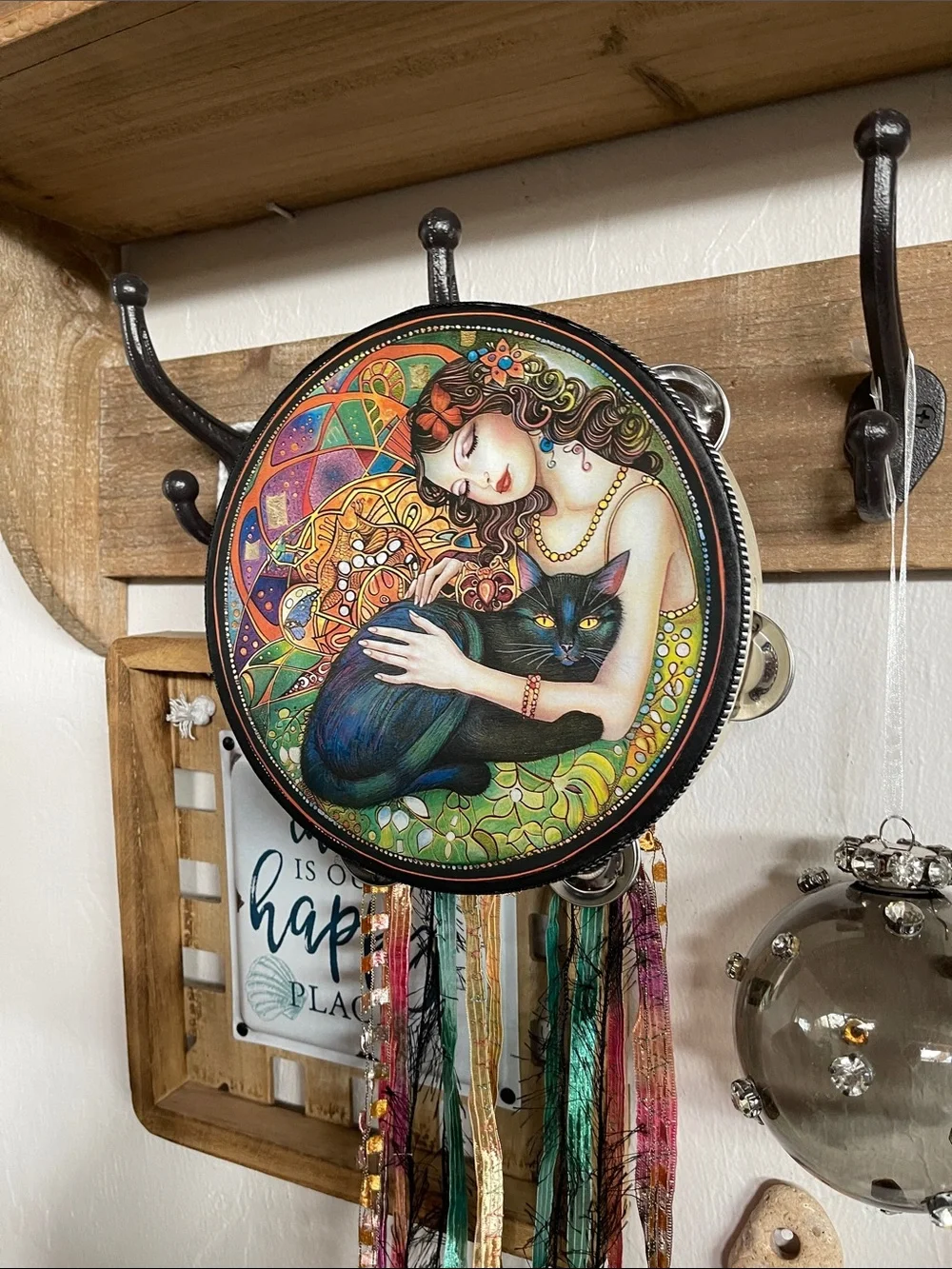 Artistic Woman & Black Cat Wall Decor - Tambourine Multicolor
